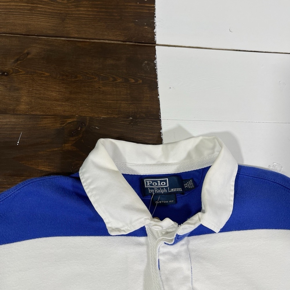Vintage 90s Polo Ralph Lauren Rugby Shirt Men's Sz XL Royal Blue White Stripe - Picture 5 of 8